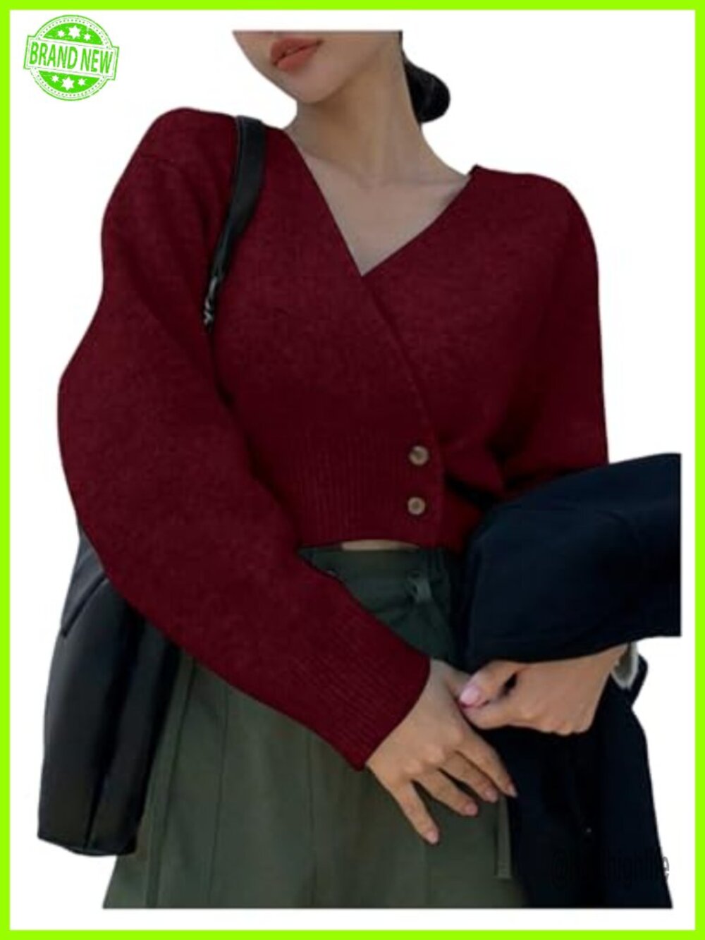 Wrap V Neck Button Front Long Sleeve Crop Knitted Cardigan Sweater